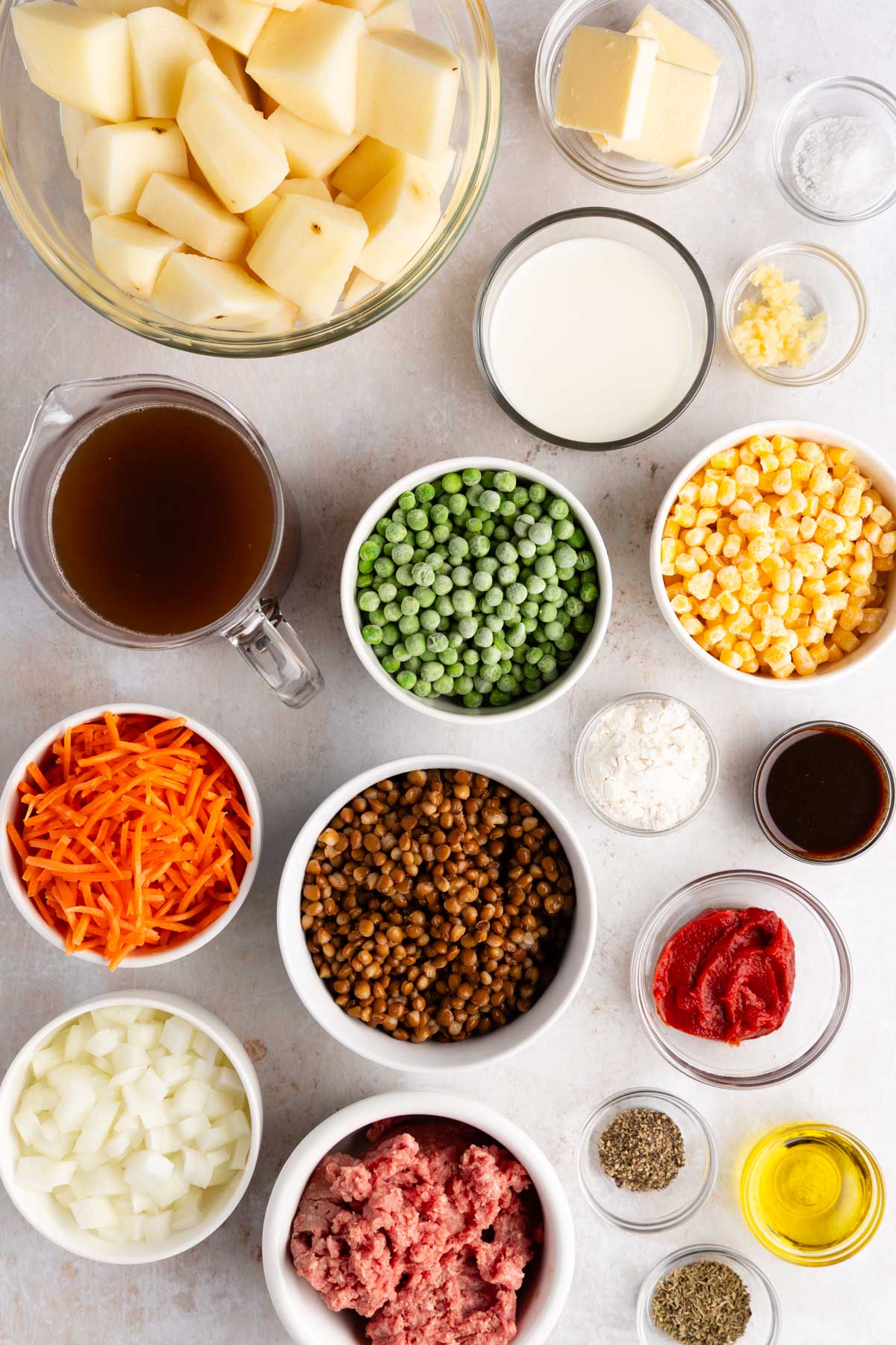 ingredients needed to make healthy beef and lentil cottage pie