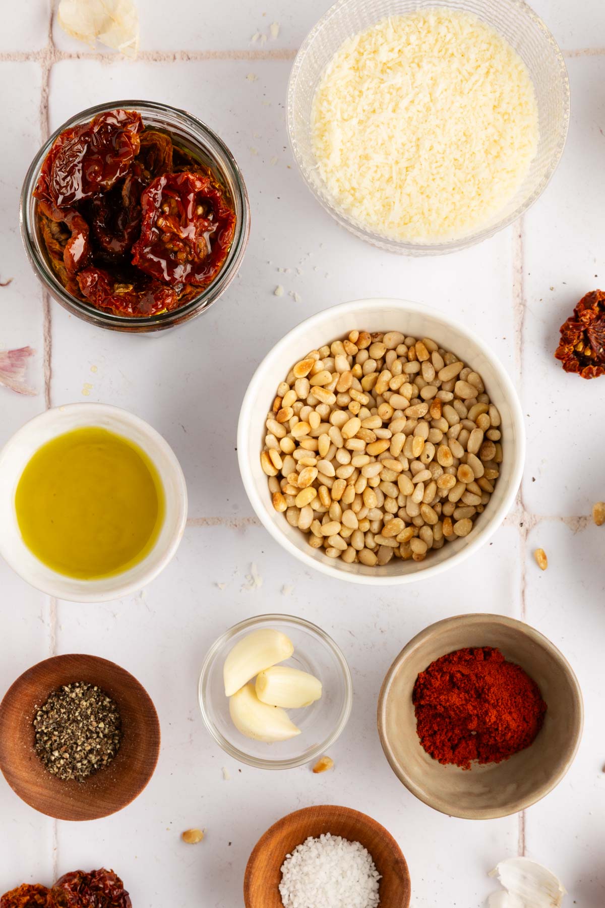 ingredients needed to make this sun dried tomato pesto recipe from scratch
