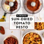Pinterest image with bowl of sun dried pesto and working that reads sun dried tomato pesto