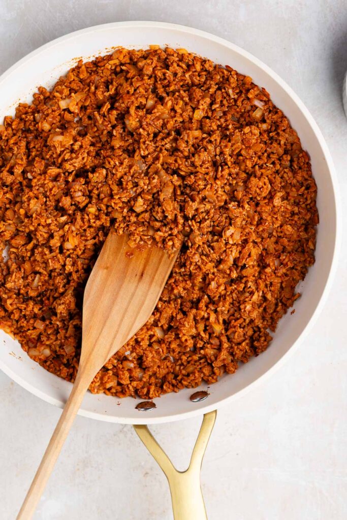 cooked tvp taco meat in a white bowl