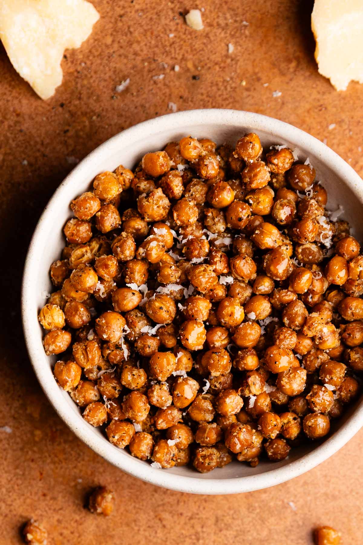 White round bowl of crispy parmesan chickpeas. 