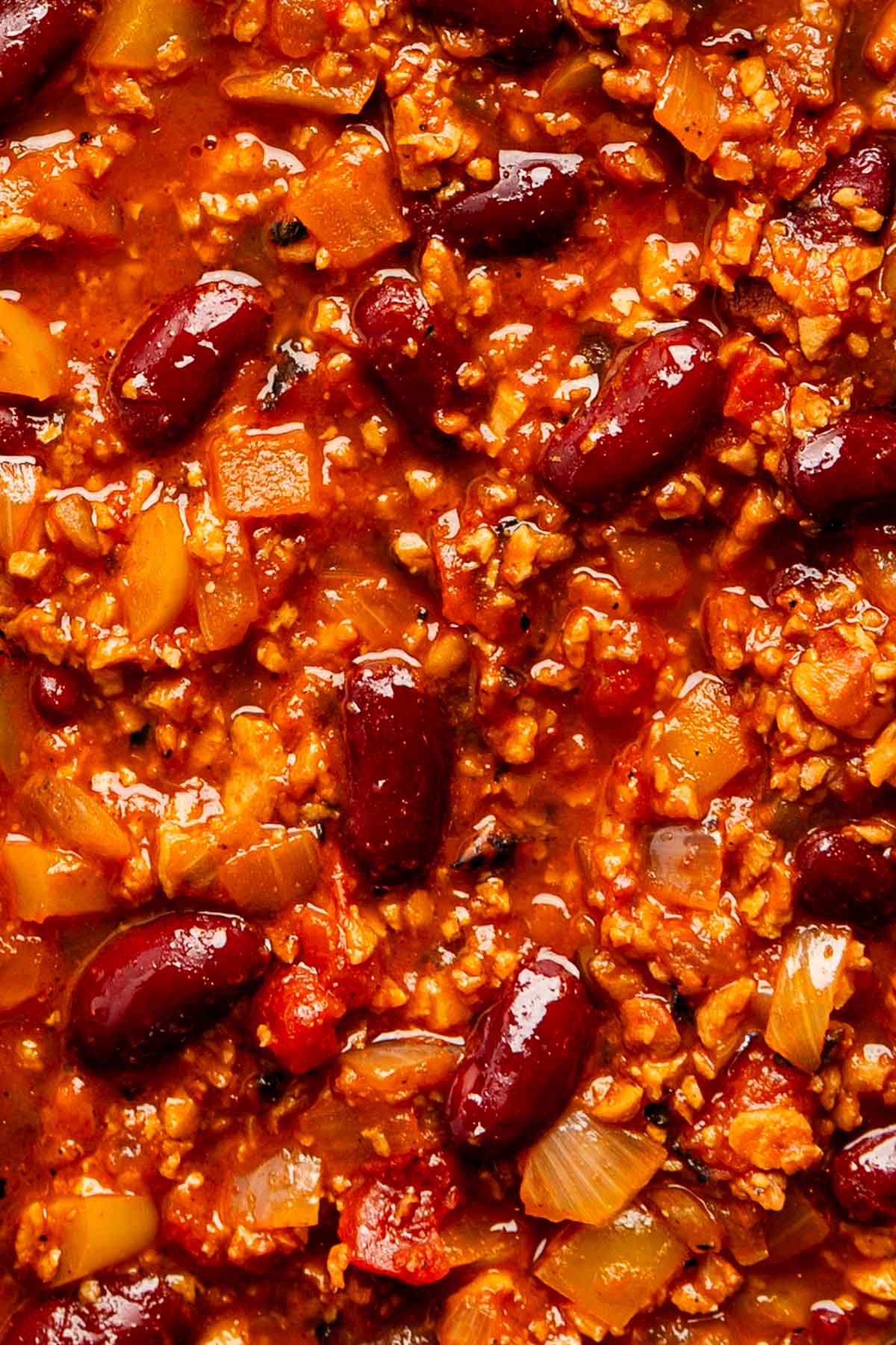 closeup photo of a hearty vegetarian tvp chili